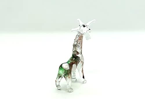 Sansukjai minusculă girafă de sticlă suflată de sticlă figurine animale animale de colecție cadou pentru casă, verde maro