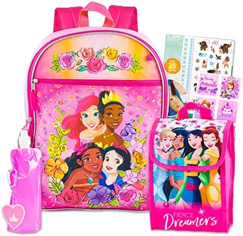Rucsac prințesă Disney și set cutie de prânz pentru fete copii ~ rucsac prințesă Deluxe de 16 cu geantă de prânz, pungă de