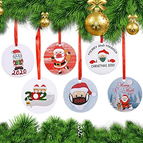 Ornament de copaci de Crăciun 2020, Moș Crăciun cu decorațiuni agățate de arbori de mască, 3,93 inch ornament acrilic rotund