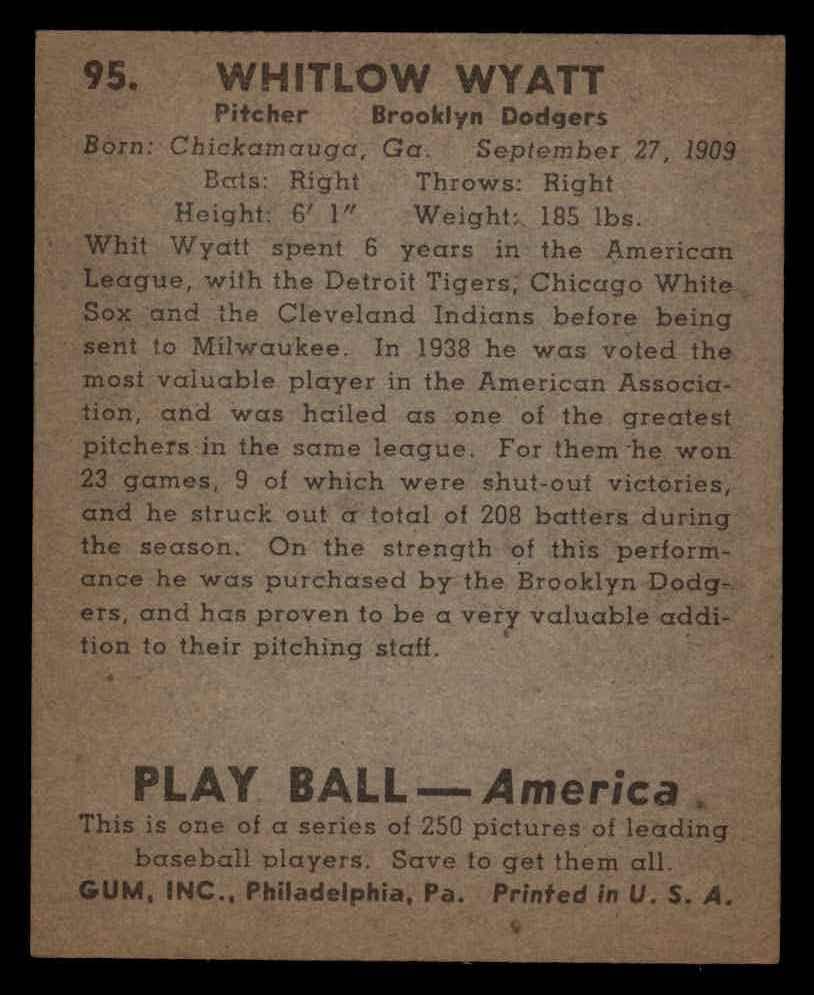 1939 Play Ball 95 Whitlow Wyatt Brooklyn Dodgers Ex+ Dodgers