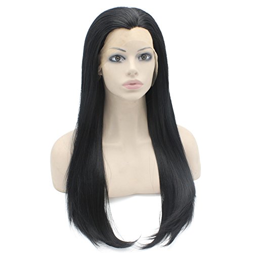 24 inch lung direct negru dantelă fata peruca naturale jumătate de mână legat fibre sintetice păr peruca la Mxangel