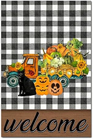 Camion de dovleac Halloween Semn de lemn noutate cu tavă cu niveluri de bun venit bun venit pisica de bivol negru carouri din