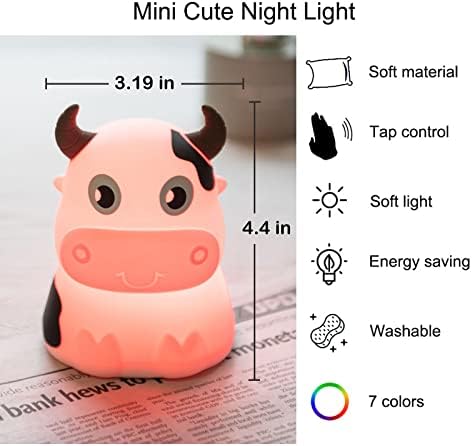 AVEKI LUMINA NIGHT PENTRU COPII, LAMP PORTABIL LA TOP CONTROL LUMINĂ, Mod de 7 culori, silicon drăguț pentru animale de vacă