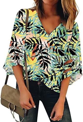 Bluză casual V gât pentru femei 3/4 cămăși cu panou cu mânecă clopot top moda moda tricouri floral liber