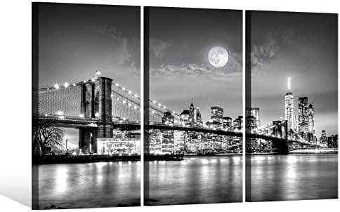 New York City Brooklyn Bridge Canvas Artă de perete alb -negru Manhattan Night Vizualizare 3 panouri peisaj urban Canvas imprimat