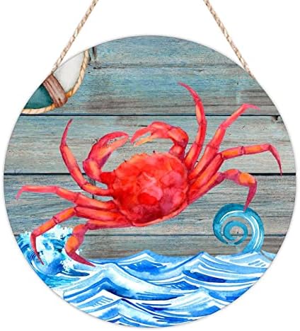 Semn de bun venit pentru perete Crab Vintage Life Buoy Round Wood Wave Wave Sea Sea Teme Placi din lemn 16in Mediteraneani